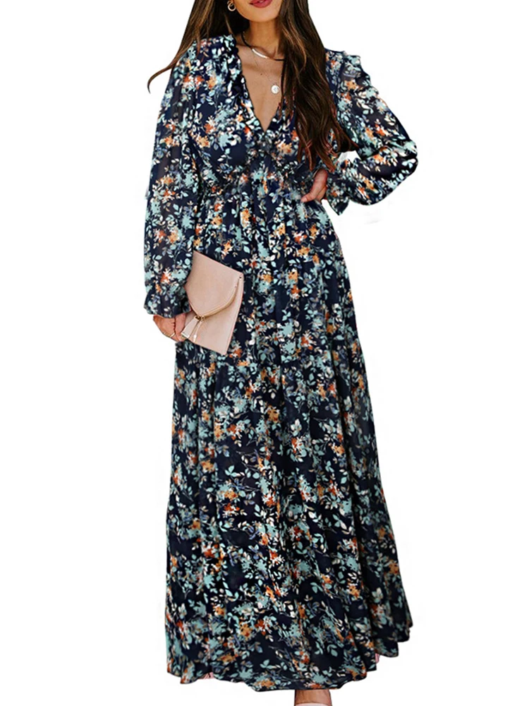 Robe Longue Femme En Coton/lin - Style Boho, Col V à Volants - Manches Longues - Couleur Automne - Pour Vacances, Casual - 9