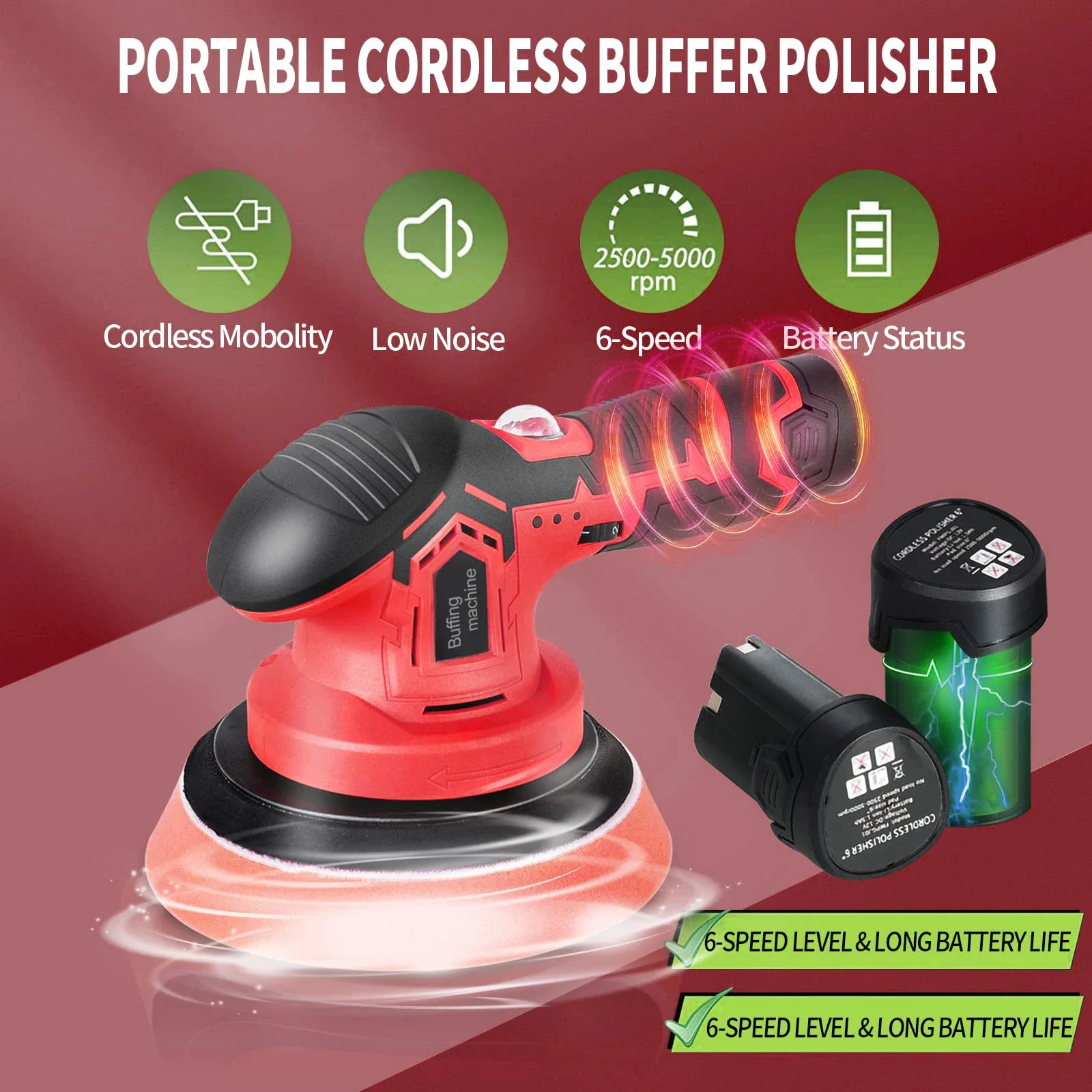 Car Polisher 2000-5000RPM Wireless Car Polishing Machine 6inch Cordless Buffer Polisher 6 Variable Speed Sander Electric Polishing Wax Tool
