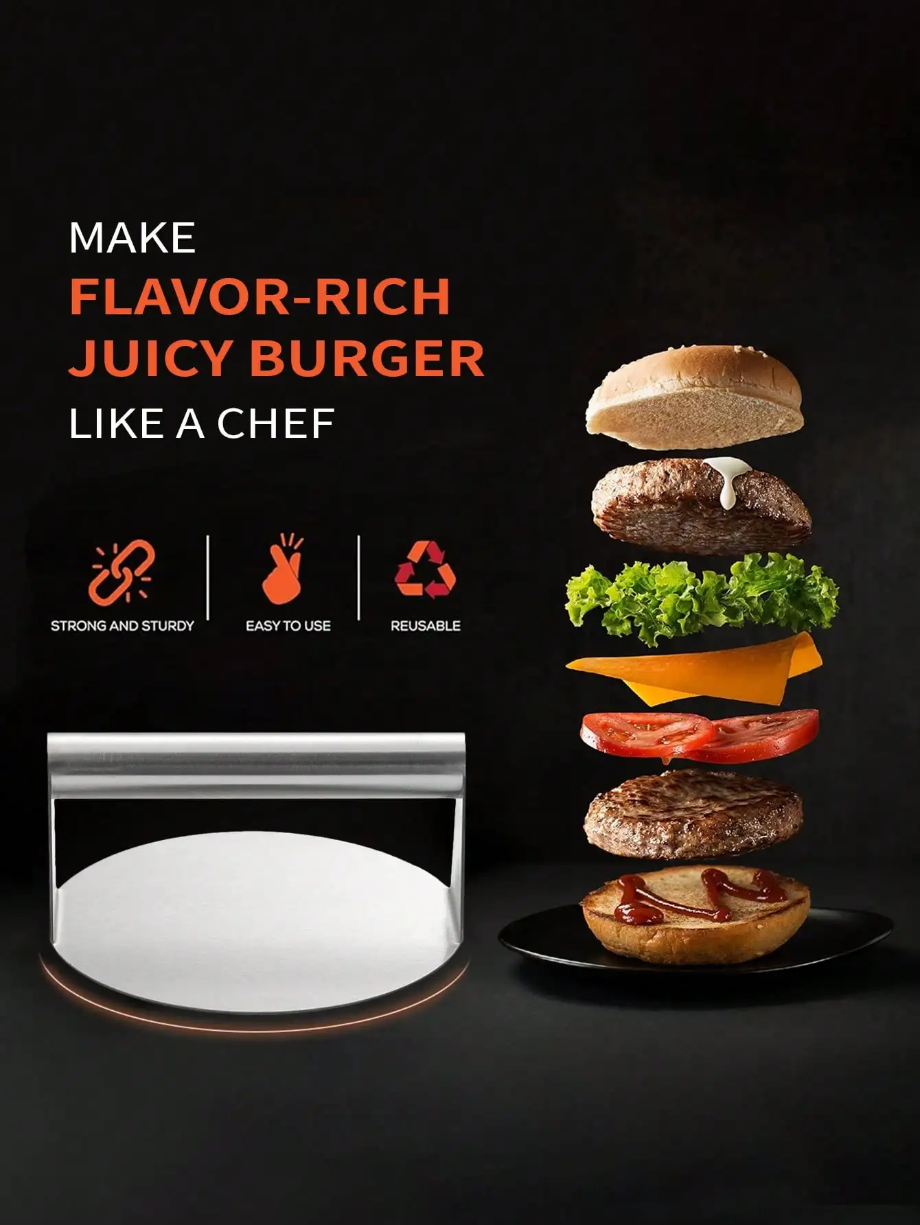 Leeseph Stainless Steel Burger Press Kitchen Round Burger Smasher Non-Stick Smooth Hamburger Press Flat Bottom Without Ridges burger press