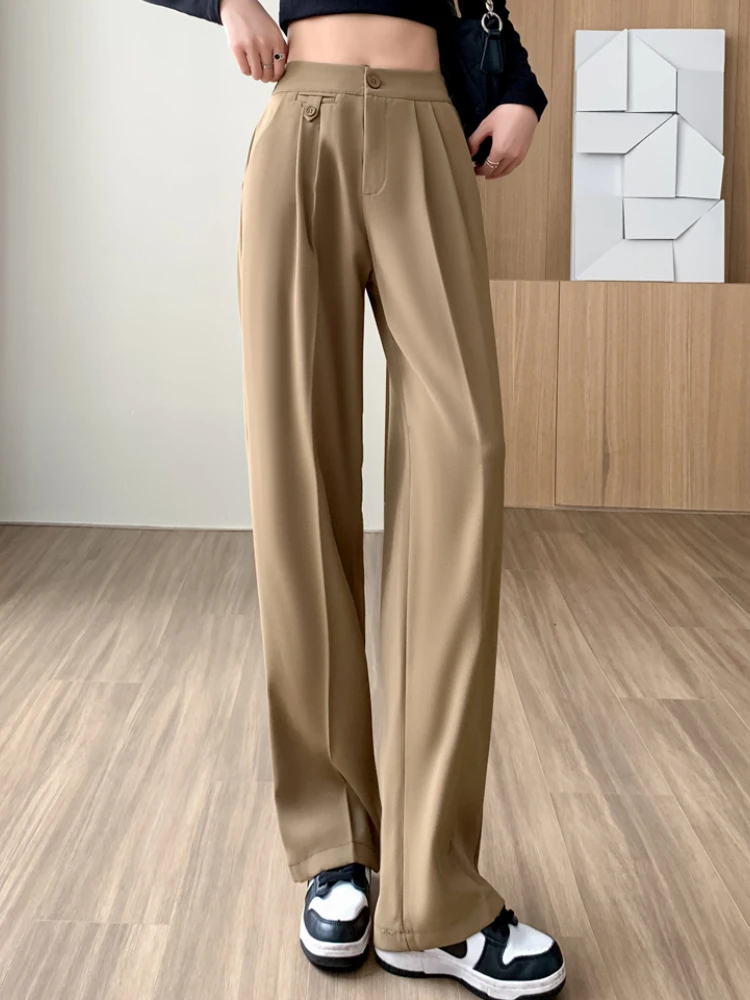 

Women Casual Elegant Wide Leg Pants 2022 Autumn Classic High Waist Button Fly Long Solid Trousers Korean Fashion Pantalons New