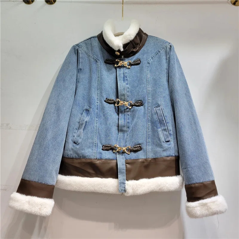

Autumn Winter Women Faux PU Leather Patchwork Blue Short Denim Jacket Warm Lamb Wool Stand Collar Long Sleeve Cowboy Outerwear