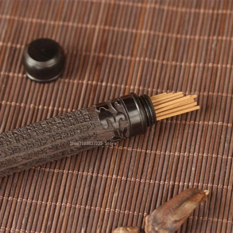 Black Sandalwood Short Style Carving Incense Tube Portable Wooden Joss Stick Box Household Indoor Incense Stick Storage Tools incense holder