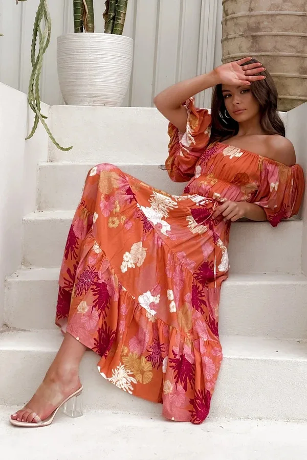 Women Summer Pleated Beach Dresses Sexy Off Shoulder Dress Floral Print Casual Loose Maxi Dresses Party Dress Vestido Feminino