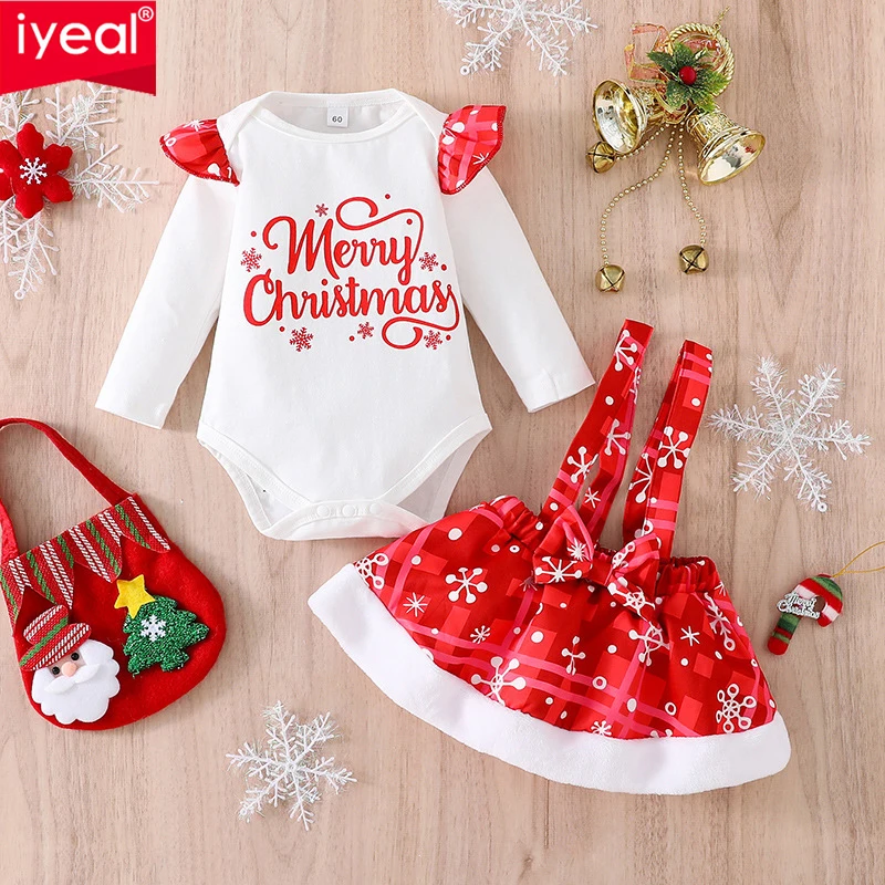

Детская Рождественская одежда IYEAL 2022, треугольный комбинезон с длинным рукавом и платье-комбинезон на бретельках, комплект из двух предметов, праздничный костюм для девочек