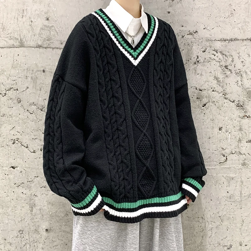 Winter Sweaters Men Warm Retro V-neck Knitted Pullovers Men Streetwear Korean Loose Long Sleeved Sweaters Mens Jumper Clothes 3