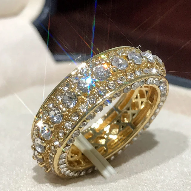 Handmade Eternity Promise Gold Crystal Ring AAA CZ Zirconia Engagement Wedding Band Rings for Women Men Finger Party Jewelry J
