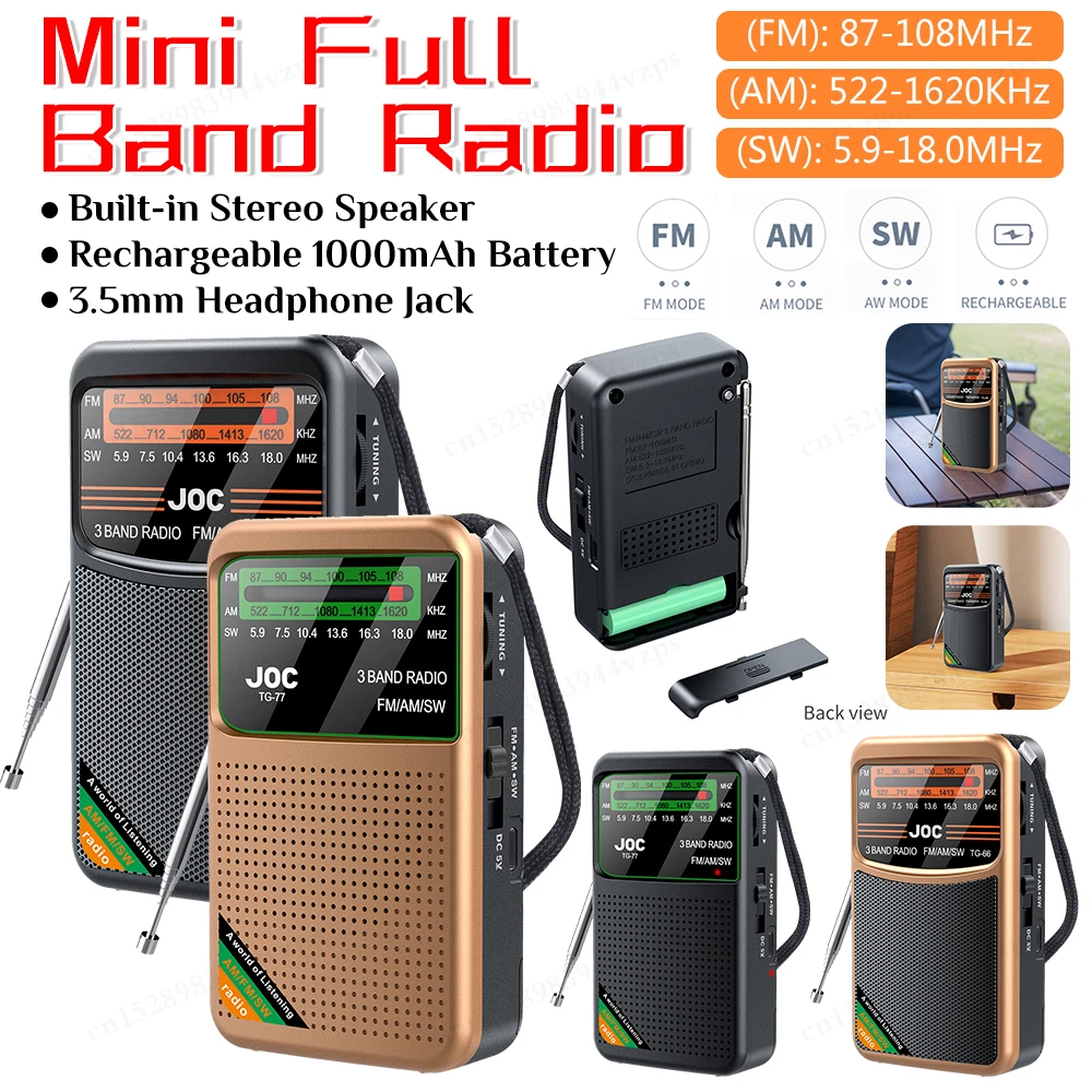Portable Radio FM AM SW Radio Type-C Rechargeable Radio with HD Display Screen Built-in Speaker Mini Pocket Radio for Elder