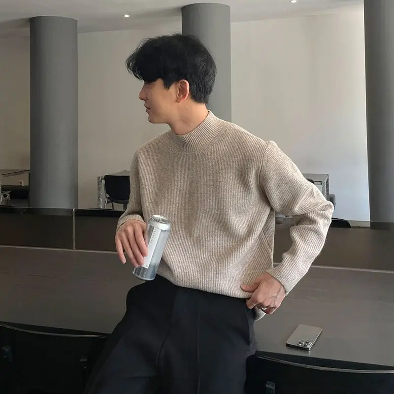 Autumn Winter Fashion Half High Collar Long Sleeve Solid Pullovers Men's Clothing Korean Bottoming Shirt All-match Knitting Tops 6