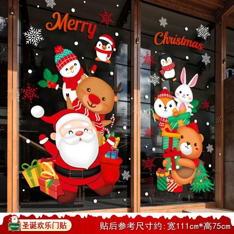 Christmas Window Stickers Party Bar Shop Ornaments Tree Snowflake Window Stickers Reusable Xmas Santa Decal for Home