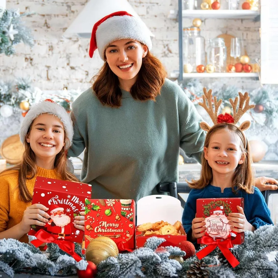 60 Pcs Christmas Gift Boxes with Lids Bulk 4.5 x 4.5 x 1.95 Inch Small Christmas Boxes with Bows for Gift Card Chocolate Crafti