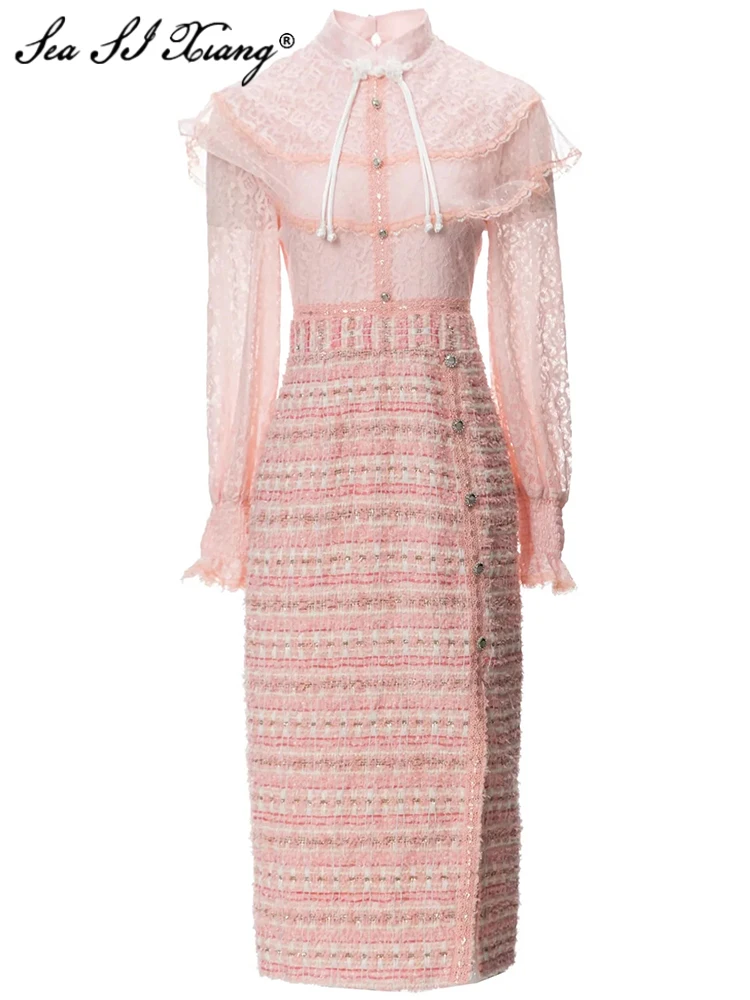 

Seasixiang Fashion Designer Autumn Lace Pencil Dress Women Lantern Sleeve Beading Button Plaid Tweed Patchwork Vintage Dresses