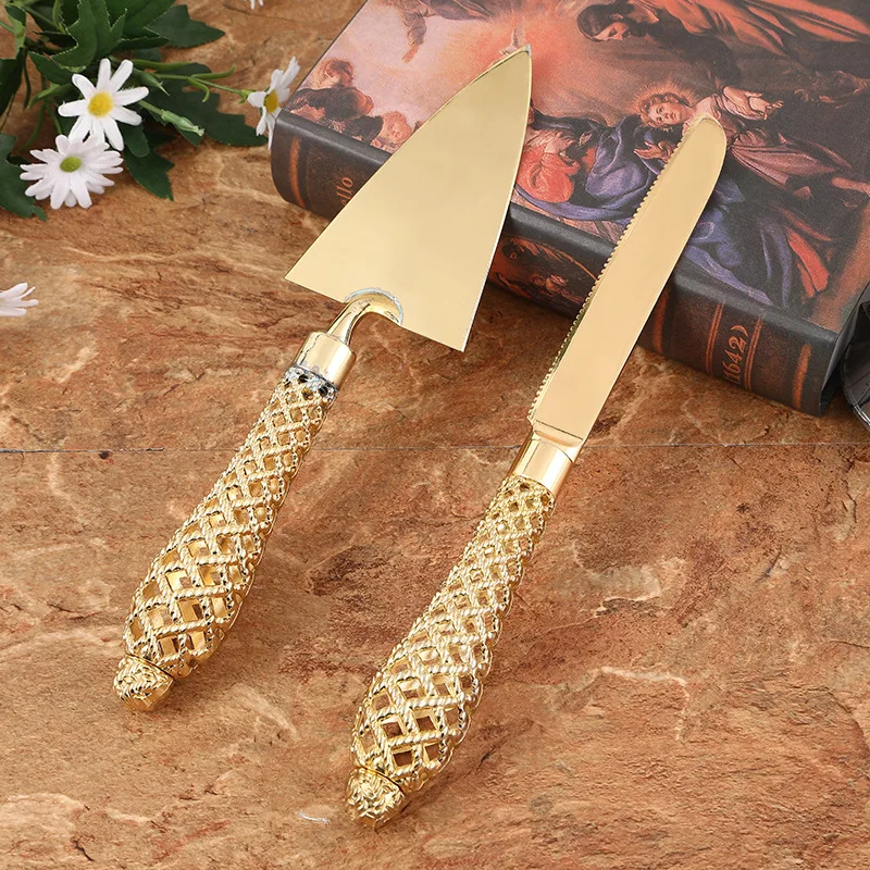 

2pcs/set Cake Shovel Knife Golden Heart Shape Handle Cake Cutter Knife Party Cooking Baking Cake Divider Wedding Server Set