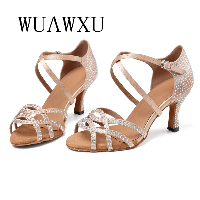 NATASHA New Latin Dance Shoes Satin Hot Diamond Sandals Dance Soft Sole Medium High Heels Indoor National Standard Double Dance