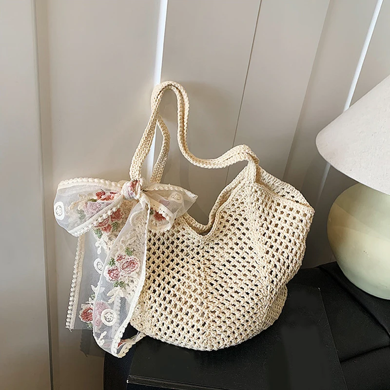 Solid Crochet Tote Handbag Summer Beach Bag Fashion Women's Mesh Woven Shoulder Bags Large Capacity Knitting Underarm Bag