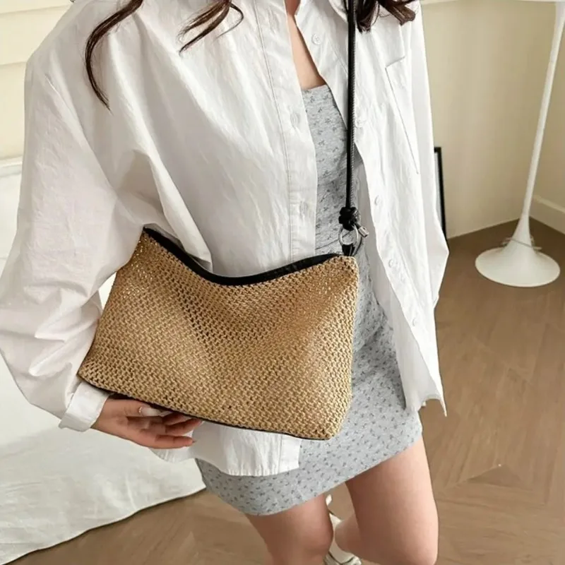 Boho Rattan Straw Bag Fashion Woven Large Capacity Handbag Handmade Braid Shoulder Bag for Women Summer Beach