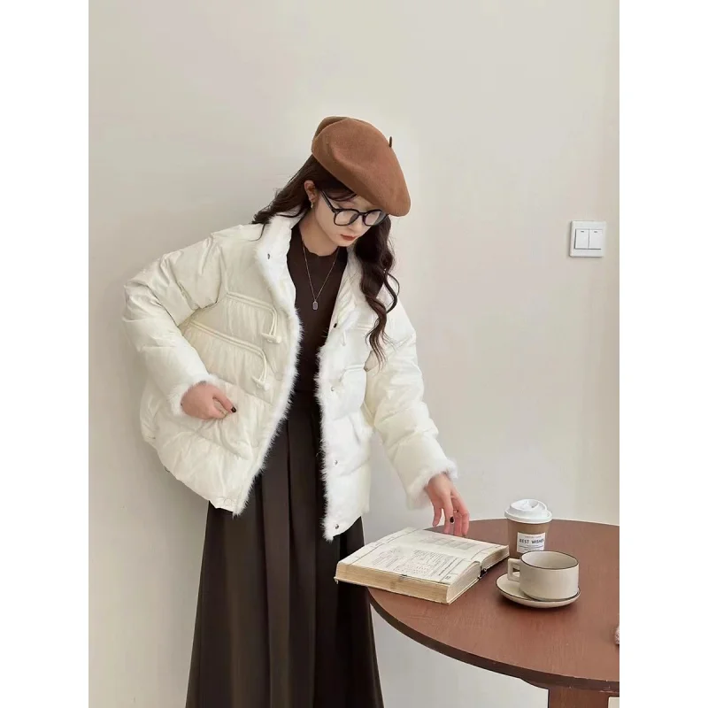 

90 White Duck down Mink Fur down Jacket Female 2023 Winter Fashion Short Stand Collar Sweet Warm Small Coat