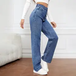 Soft Long Pants High-waist Jeans High Waist Wide Leg Women's Jeans with Retro Straight Pockets Slim Fit Full Length Denim for A