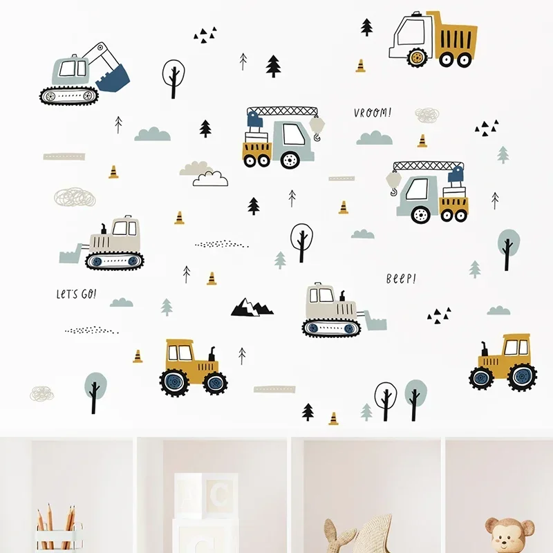 Wall Stickers Hand Drawn Cute Cars Cargo Truck Elements for Kids Room Baby Teen Room Playroom Kindergarten Nursery