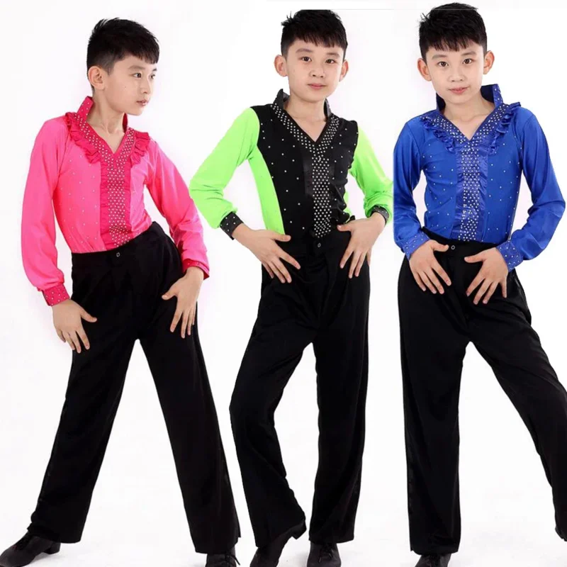 

New Boys Blue Green Latin Salsa Dancing Costumes Kids Ballroom Performance Party Dance wear tops Pants vestido de baile latino