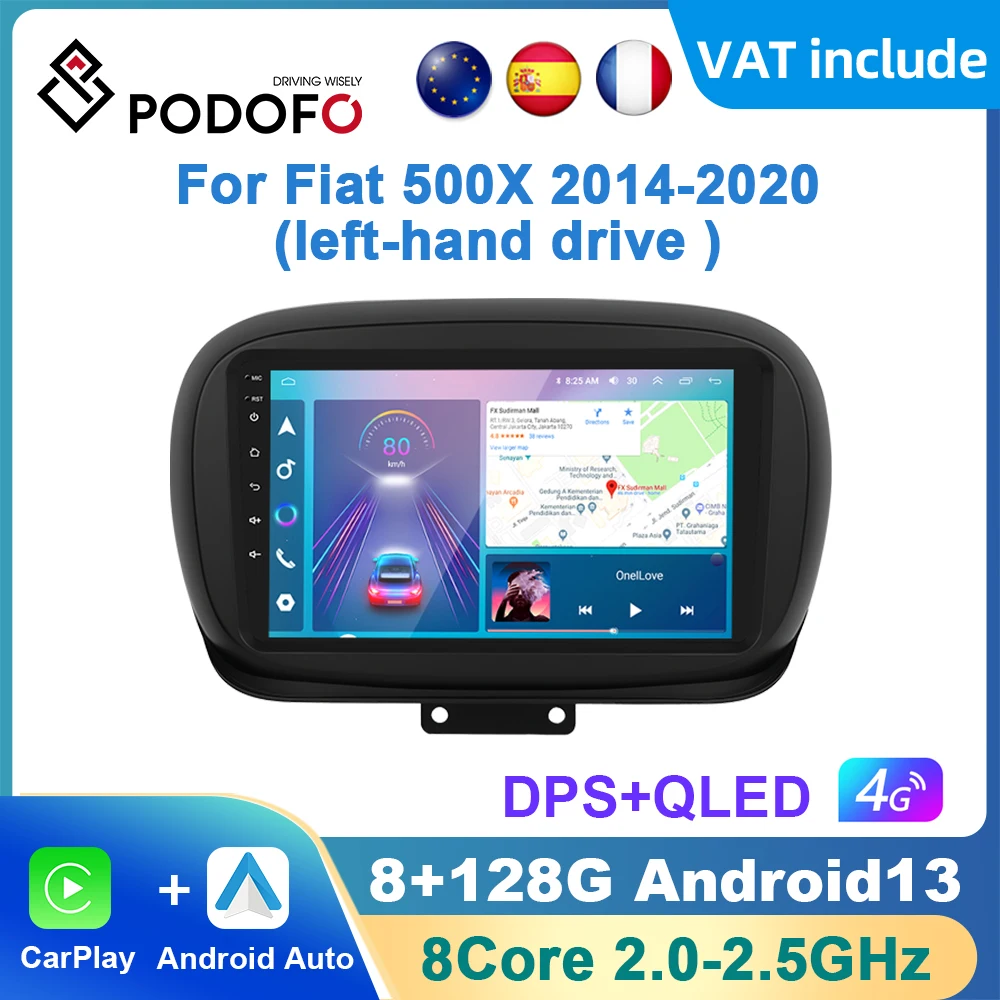 Podofo Ai Voice Android Carplay Autoradio Per Fiat 500X 2014-2020 Android Auto 4G Lettore Multimediale Navigazione Gps Rds Radio