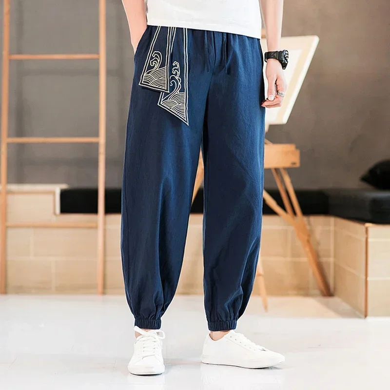 Zen Tea Men Chinese Style Embroidery Dragon Kung Fu Harem Pants Vietmam Japanese Fashion Sports Casual Trousers Dance Streetwear