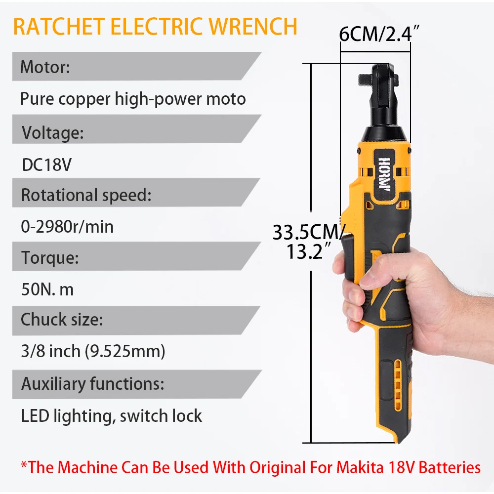 50N.m Cordless Electric Ratchet Wrench 3/8 Inch Angle Drill Screwdriver Removal Screw Nut Car Repair Tool For Makita 18V Battery 3