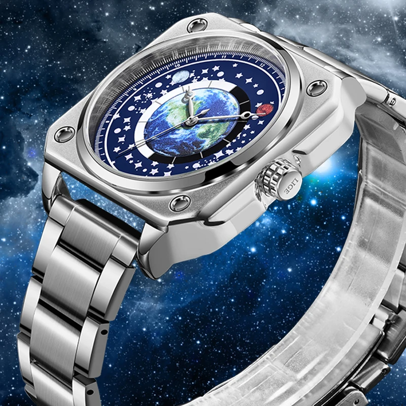 Man Watch LIGE New Fashion Stainless Steel Luxury Casual Creative Blue Planet Dial Clock Waterproof Business Quartz Wristwatches