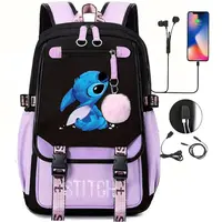 Disney Lovely Stitch Backpacks USB Patchwork Lightweight Laptop Teens School Bags Women Girls Capacity Cartoon Travel Mochilas 4