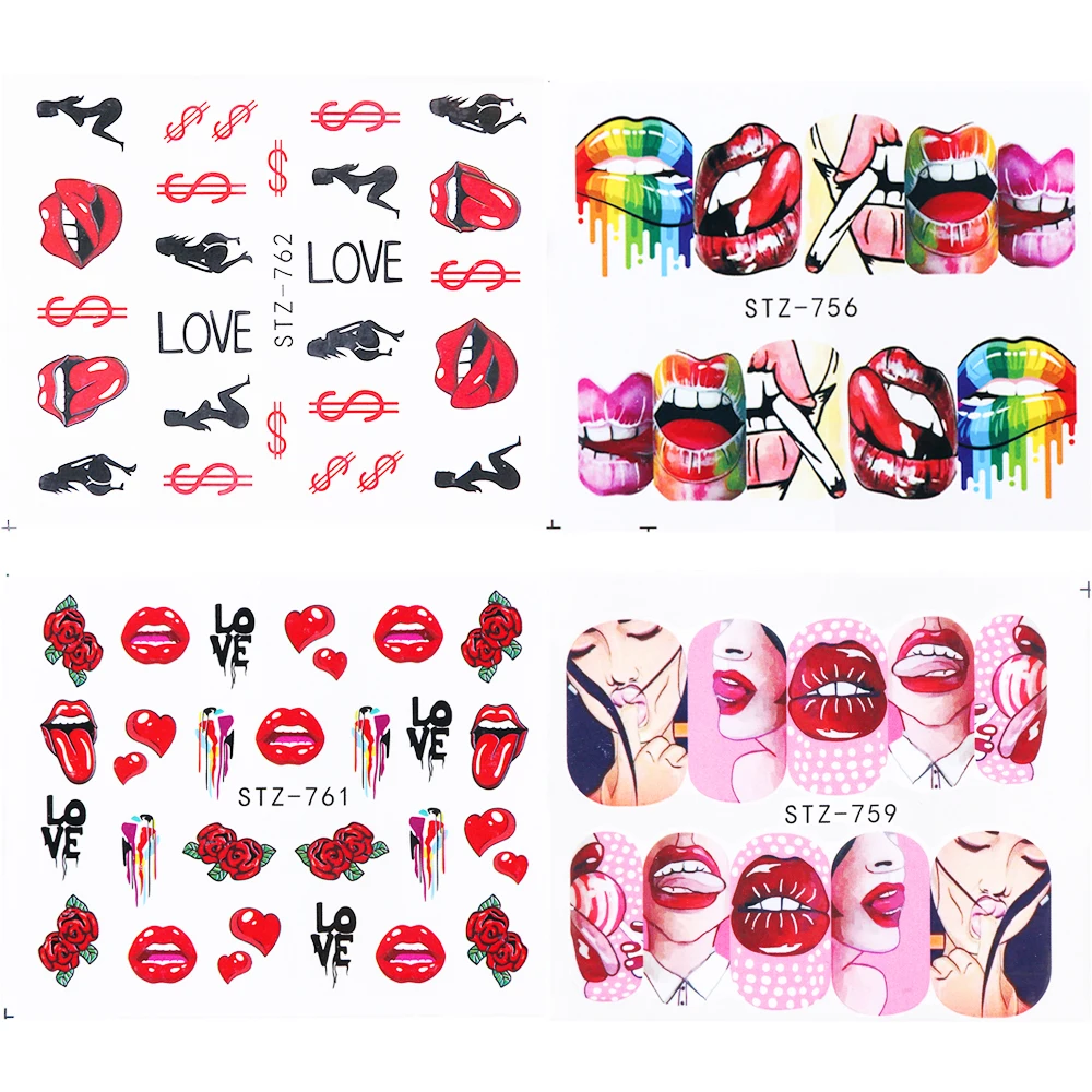 1pcs Pop Style Water Nail Art Slider Sticker Transfer Tip Cool Girl Lips Rose DIY Nail Decal Decor Tool CHSTZ756-763