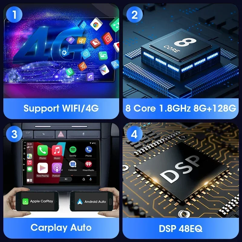 Srnubi 자동차 라디오, 아우디 A4, A4L, S4, RS4, 2000-2009 멀티미디어 플레이어, 스테레오, GPS, 4G, 카플레이, 자동 헤드 유닛 오디오, 2 Din, 안드로이드 12