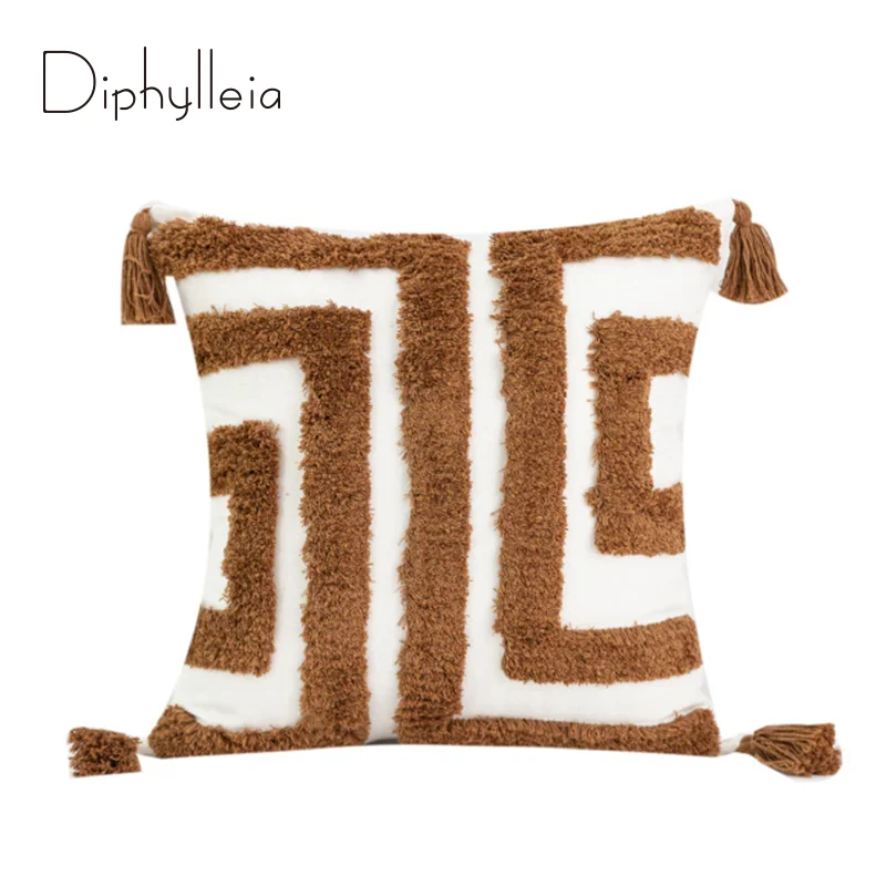 

Diphylleia Brown Boho Throw Pillow Cover Woven Tufted Pillowcase Moroccan Maze Geometry Square Cushion Case For Sofa Chair Couch