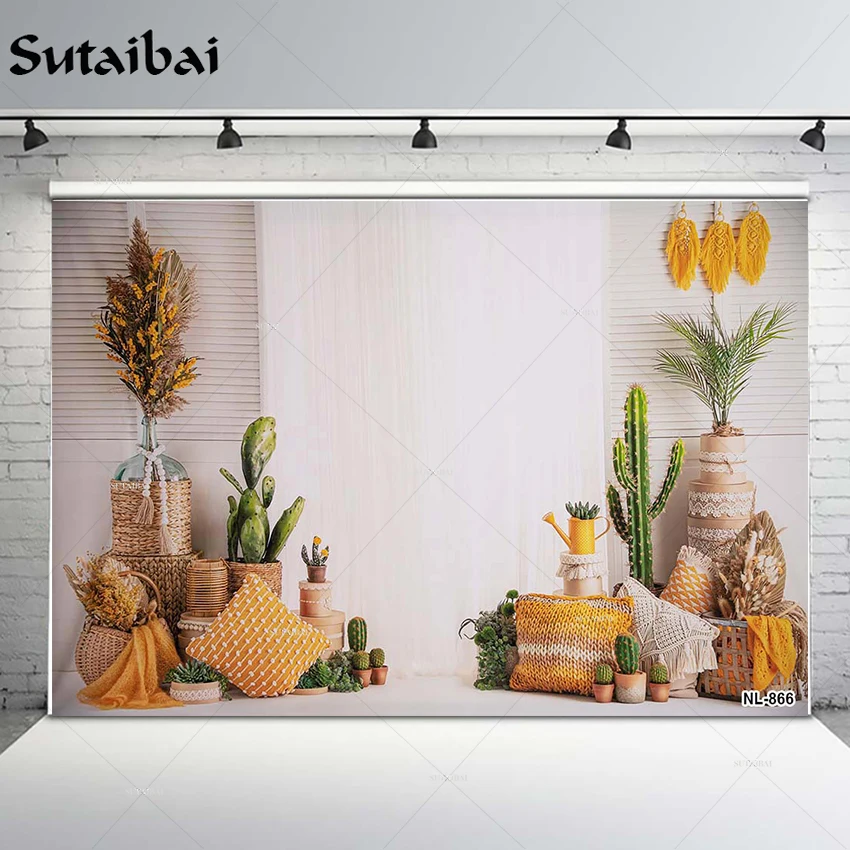 Boho Style Green Plant Cactus Spring Backdrop Photography Background Mexican Floral Girls Birthday Party Decoration Supplies | Электроника