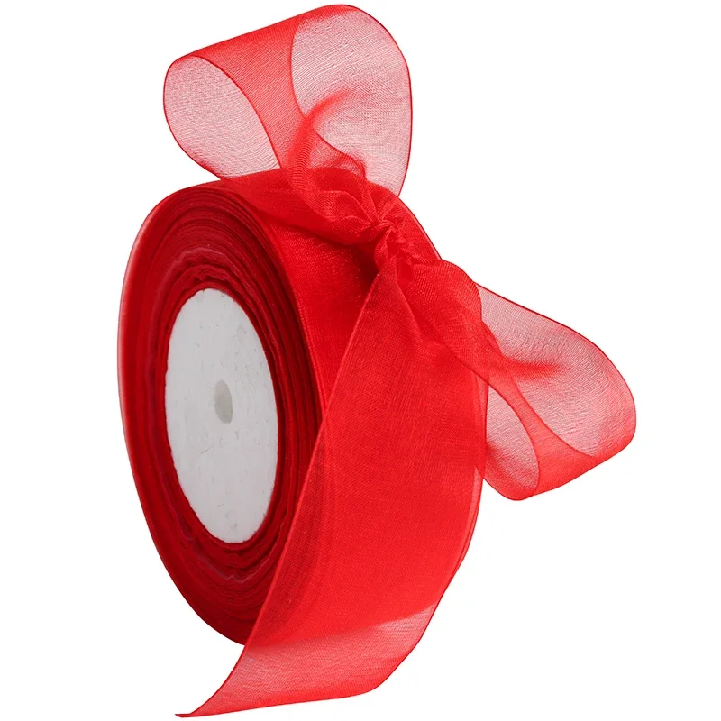 12/15/20/25/40/50mm (50 야드/롤) Organza 얼룩 리본 DIY 공예 결혼식 파티 장식 케이크 선물 활 포장 리본