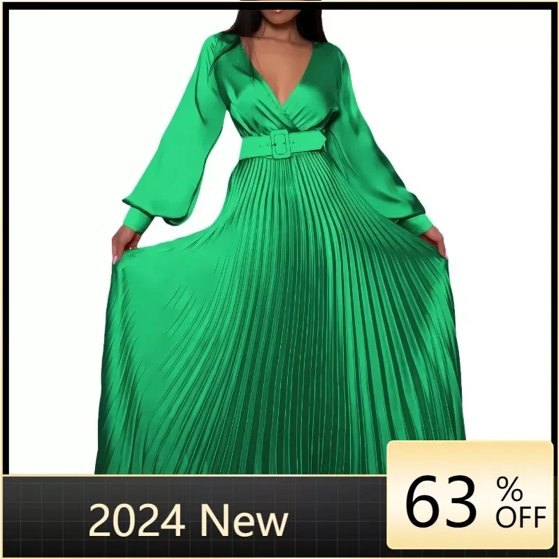 Women Sexy Deep V-neck Swing Pleated Long Dress Spring High Waist Tie-up Belted Maxi Dress Autumn Long Sleeve Boho Party Dresses women short sleeve boho loose medium dress for summer round neck pleated