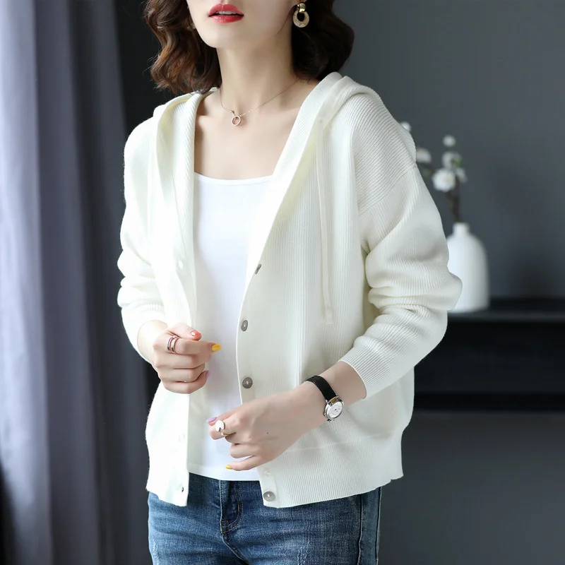 

Spring Autumn New Women Short Knit Cardigan Hooded Sweater Jacket Lady Solid Loose Sweaters Coat Long Sleeve Top Outerwear