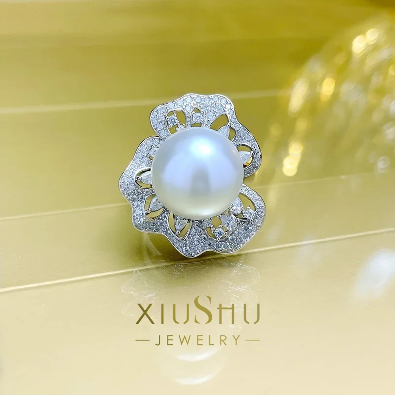 

Luxury Australian White Pearl Large Ring with a Premium 14mm Round Aurora Classic Simple Wedding