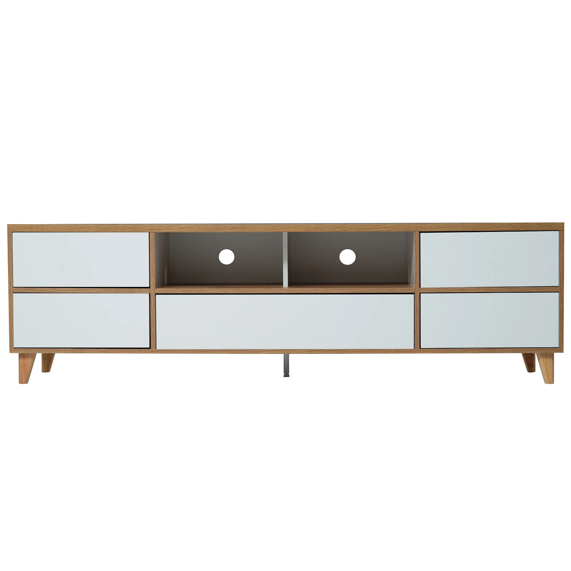 TV-Schrank, Lowboard, Wohnzimmermöbel in Weiß und Holztönen. Regale und Türen im natürlichen Landhausstil. – Detail 17
