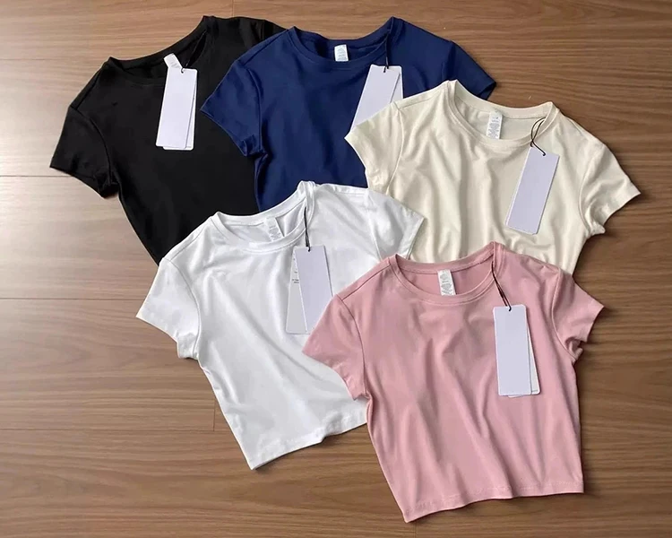 Sport-Fitness-Yoga-Kleidung Kurzarm-Oberteil Einfarbiges T-Shirt Damen Kurzarm-Crop-Top – Detail 5