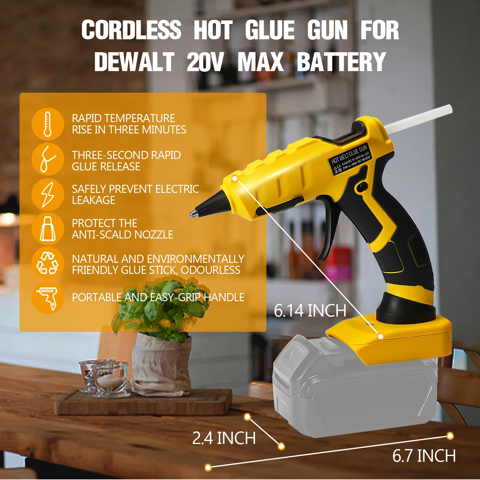 Cordless Hot Melt Glue Gun Heat Temperature Electric Repair Tool with 30Pcs 7mm Glue Sticks for Dewalt 20V Battery (No Battery)