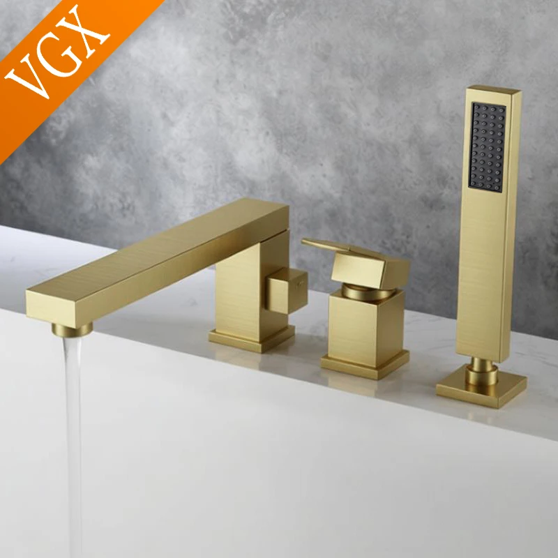 ชุดก๊อกน้ำอ่างอาบน้ำ VGX Gold พร้อมฝักบัวแบบมือถือ ชุดระบบฝักบัวทองเหลืองสำหรับอ่างอาบน้ำ ก๊อกน้ำฝักบัวในห้องน้ำ ก๊อกผสมอ่างอาบน้ำแบบก้านโยกเดี่ยว 1