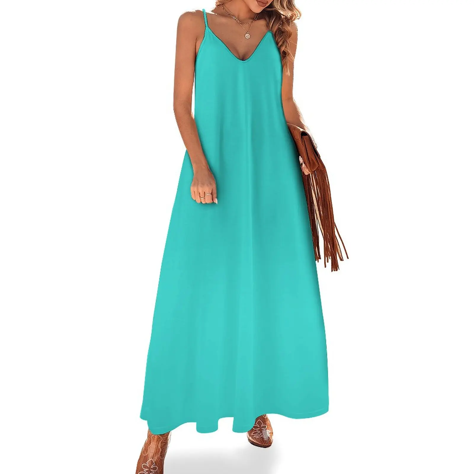 

Tiffany Blue Green Solid Color Popular Hues Patternless Shades of Blue Collection - Hex #81D8D0 Sleeveless Dress