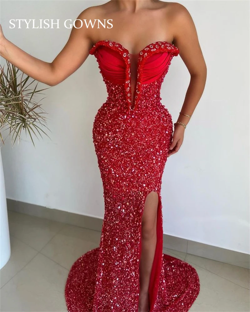 

Red Sequined Evening Dresses Black Girls Strapless Formal Dress High Side Split Birthday Party Gown Prom Mermaid Robe De Bal