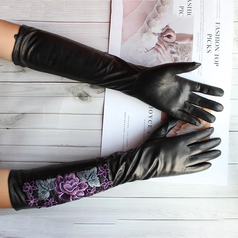 High Quality Imported Goat Leather Long Gloves Women Fashion Embroidered Pattern Winter Warm Velvet Lining Black Sleeves