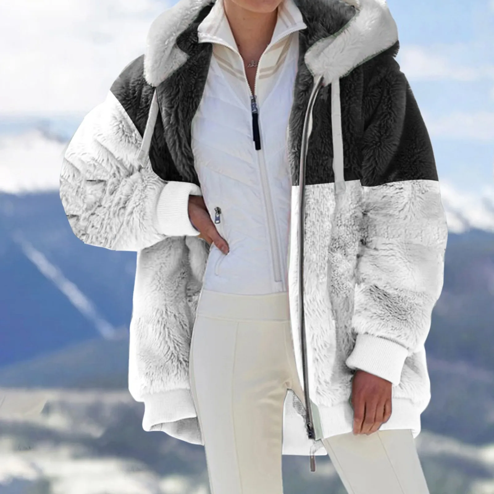 

Winter Women Plush Coat Fashion Hooded Zipper Jackets Casual Oversized Stitching Plaid Faux Fur Warm Ladies Parka Jacket