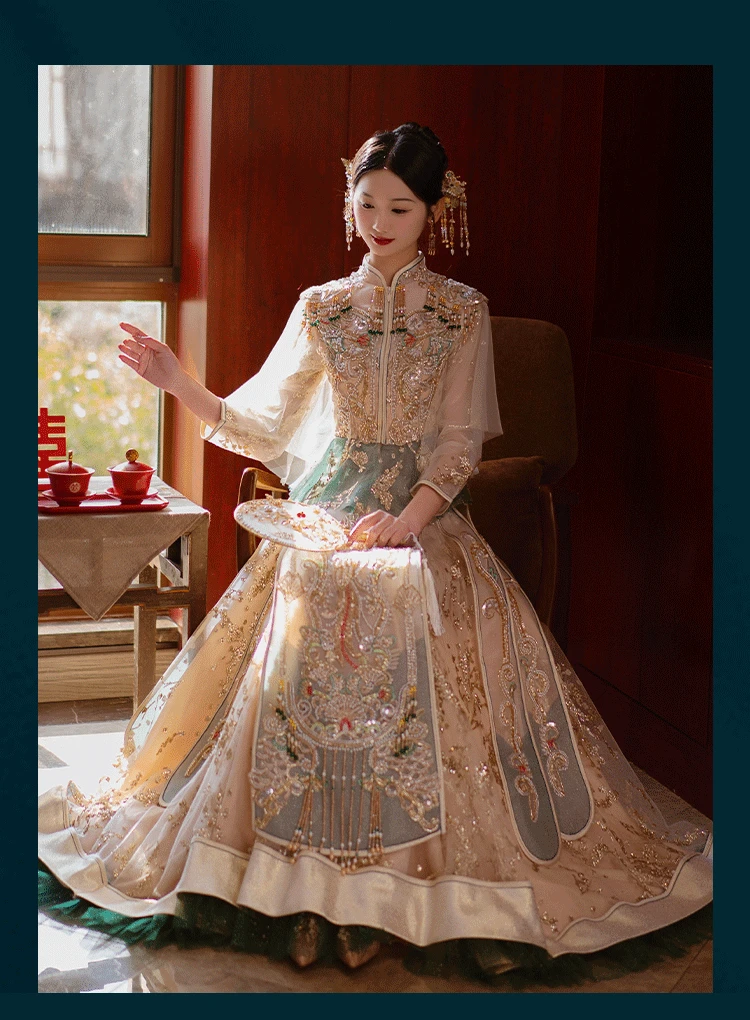 Chinese Dress Traditional Golden Xiuhe Set Bride Wedding Dress Champagne  Senior | eBay