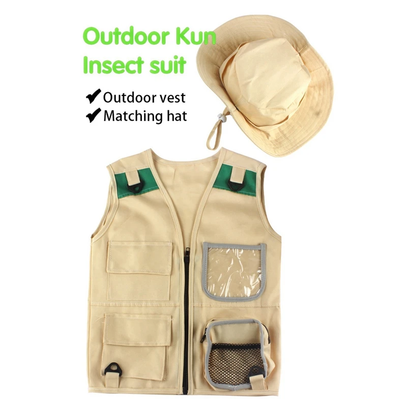 2X Outdoor Adventure Kit,Young Kid's Khaki Cargo Vest And Hat Comfortable And Durable Explorer Costume Role Play Toy