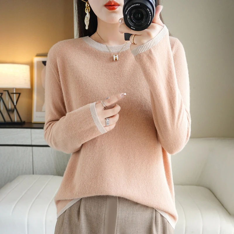 New O-Neck Cashmere Sweater Women Long Sleeve Autumn and Winter Knit Pullover Solid Color Cashmere Base