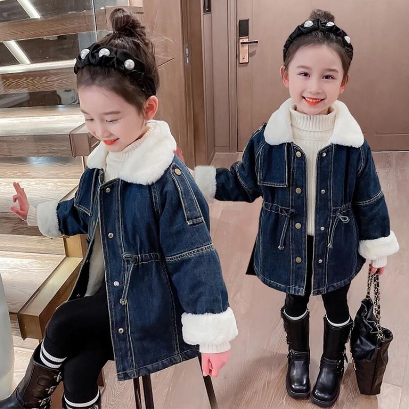 

2023 Winter Warm Fashion 1 2 3 4 5 6 8 10 Years Child Thickening Outerwear Denim Velvet Parka Trench Coat For Kids Baby Girls