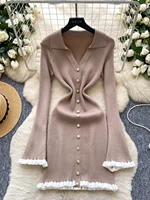 Knitted Dr Women's Autumn High Waist Midi Skirt Sle Wooden  Collar Slimming Beautiful Lady Long Sve Dr - Image 3