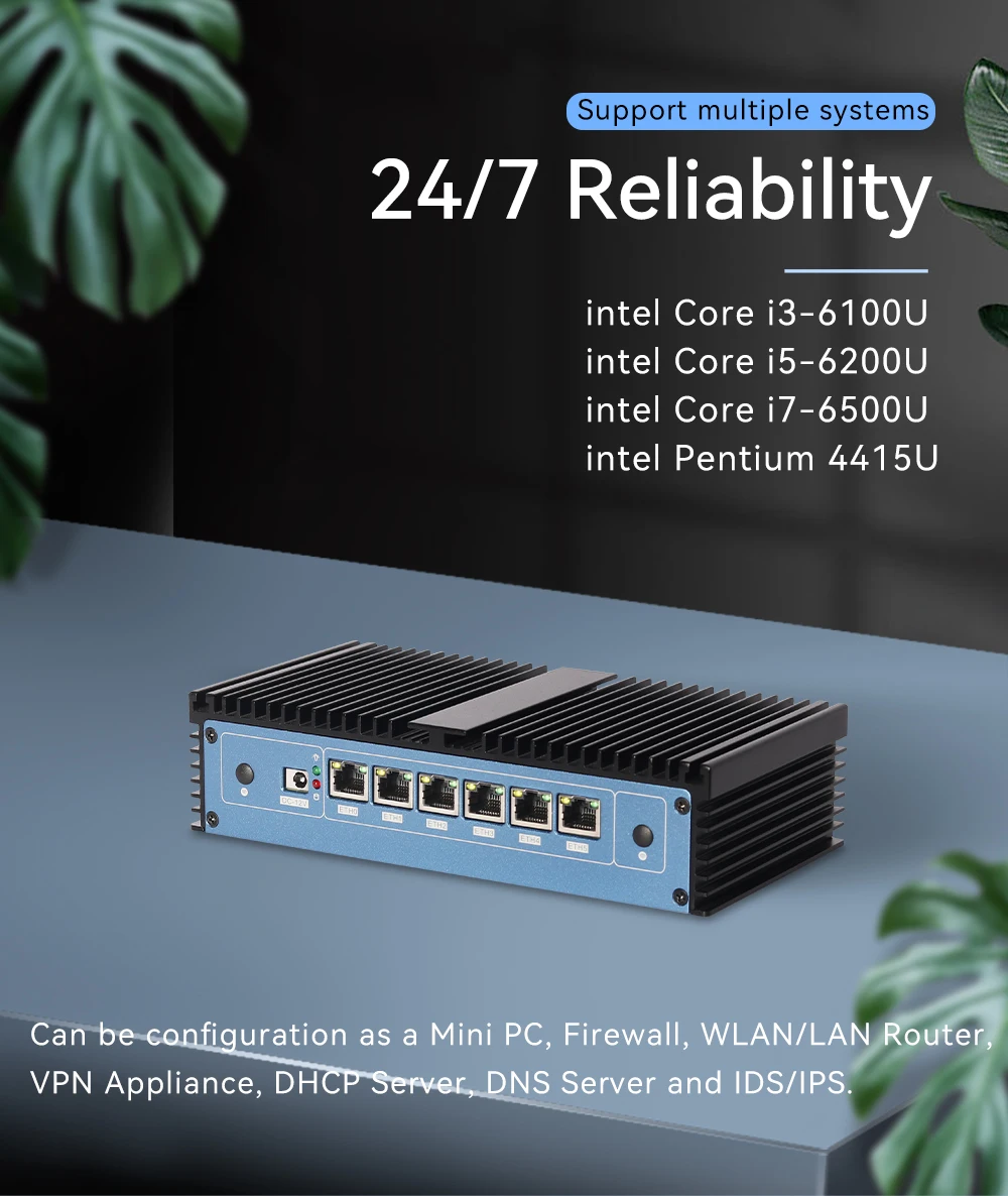 Firewall Router Intel Core i7 6500U Mini PC 6x LAN Ports Intel i211AT Gigabit Ethernet Compatible With Pfsense Windows Linux 6